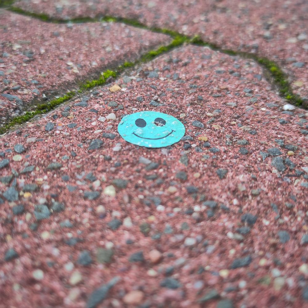 Nahaufnahme von Verbundpflastersteinen mit rot-schwarzer Körnung und grün bemoosten Fugen. Darauf liegt ein kleiner, türkisblauer Smiley aus Papier.