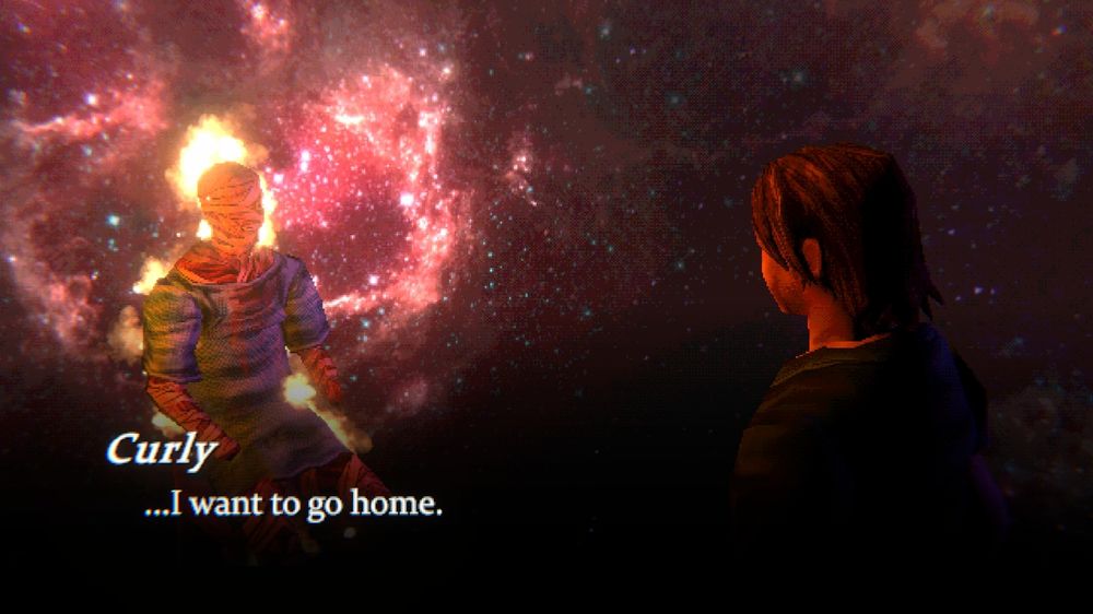 a screenshot from Mouthwashing featuring the character Jimmy engaging our bandaged/mutilated captain Curly in conversation while stars and galaxies roll around in the background, a line of text from Curly reads "... I want to go home." while he sits in a chair and is actively on fire.