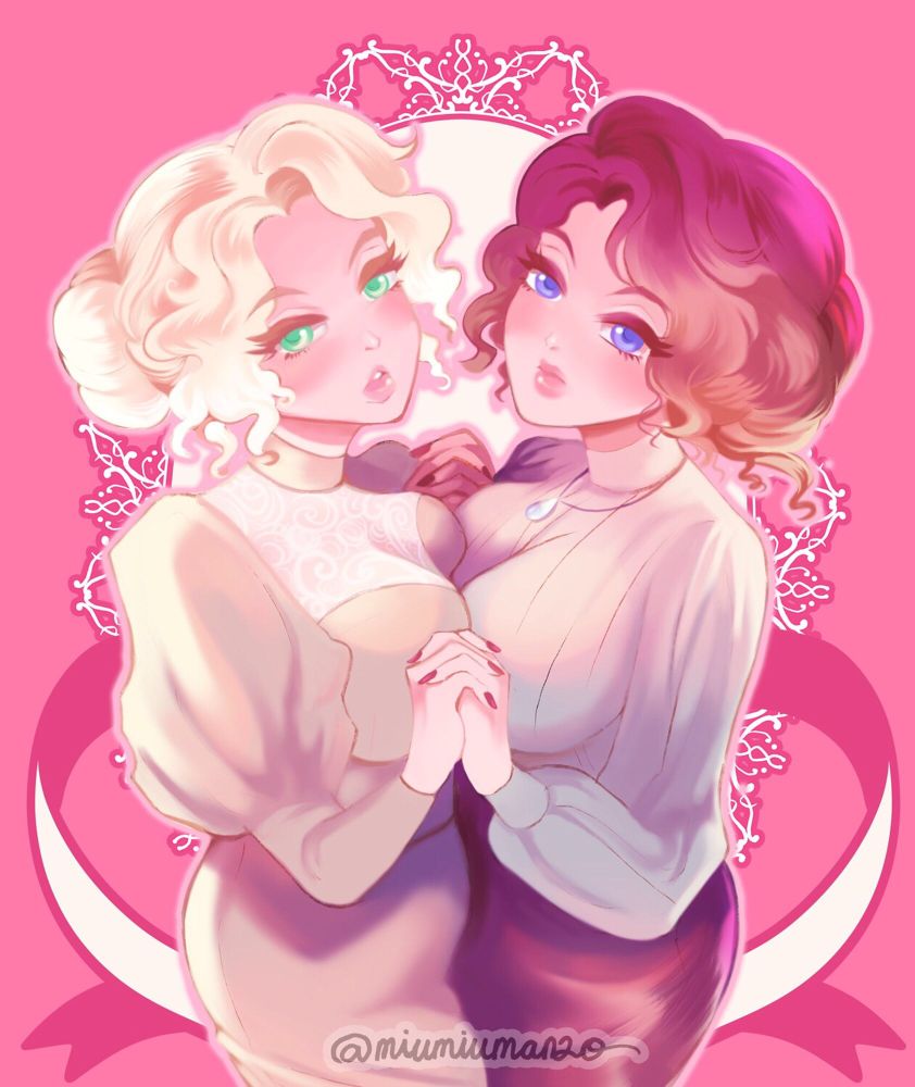 My friend’s OC Alina (blonde) and my OC Artemisia drawn in a rather suggestive manner…