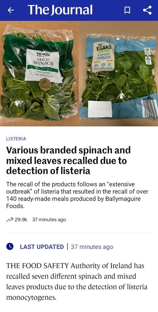 Screenshot of this Journal article for spinach recall... https://jrnl.ie/6775326