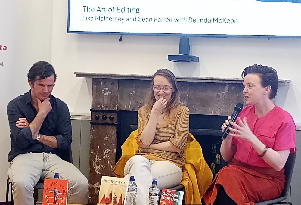 Photo of Sean Farrell, Lisa McInerney & Belinda McKeon (who is talking). Lisa is giggling. 