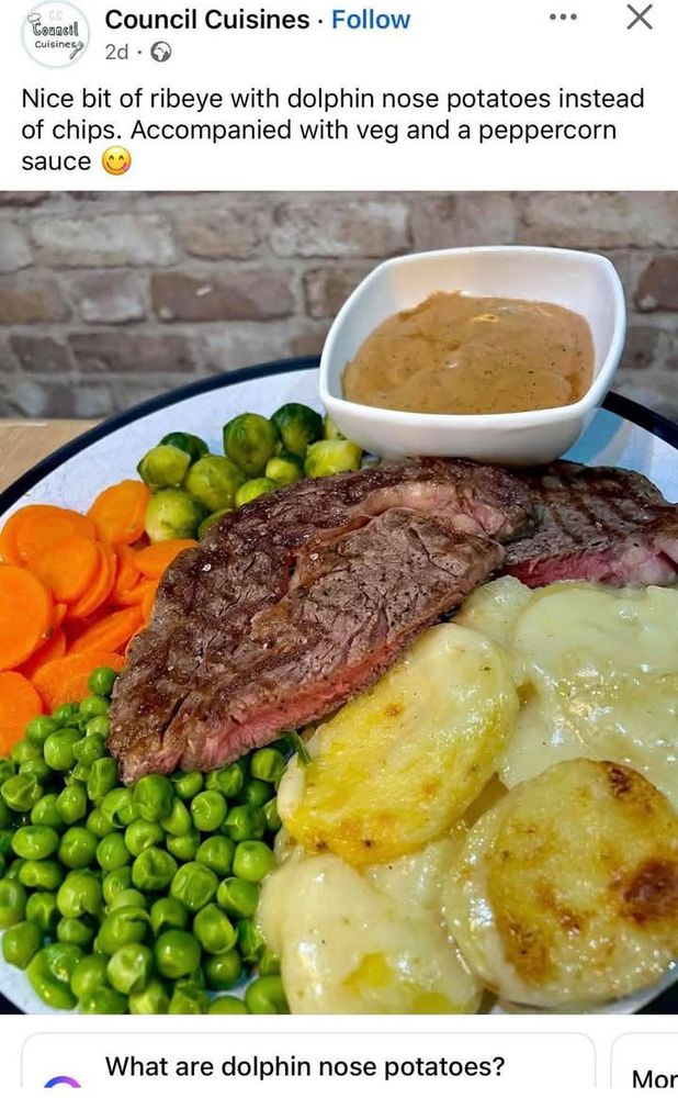 Screenshot from Council Cuisine Facebook page showing a steak dinner with caption 'nice bit of ribeye with dolphin nose potatoes instead of chips.. etc