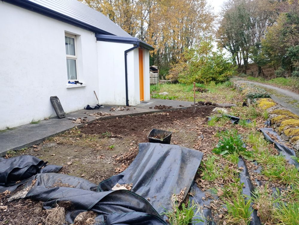 Photo of a front garden. A traditional single storey white cottage is on the left. You can see black plastic sheeting pulled back and other parts still covered in weeds. Part of the revealed earth is dug up and you can see piles of rocks on the path. 
