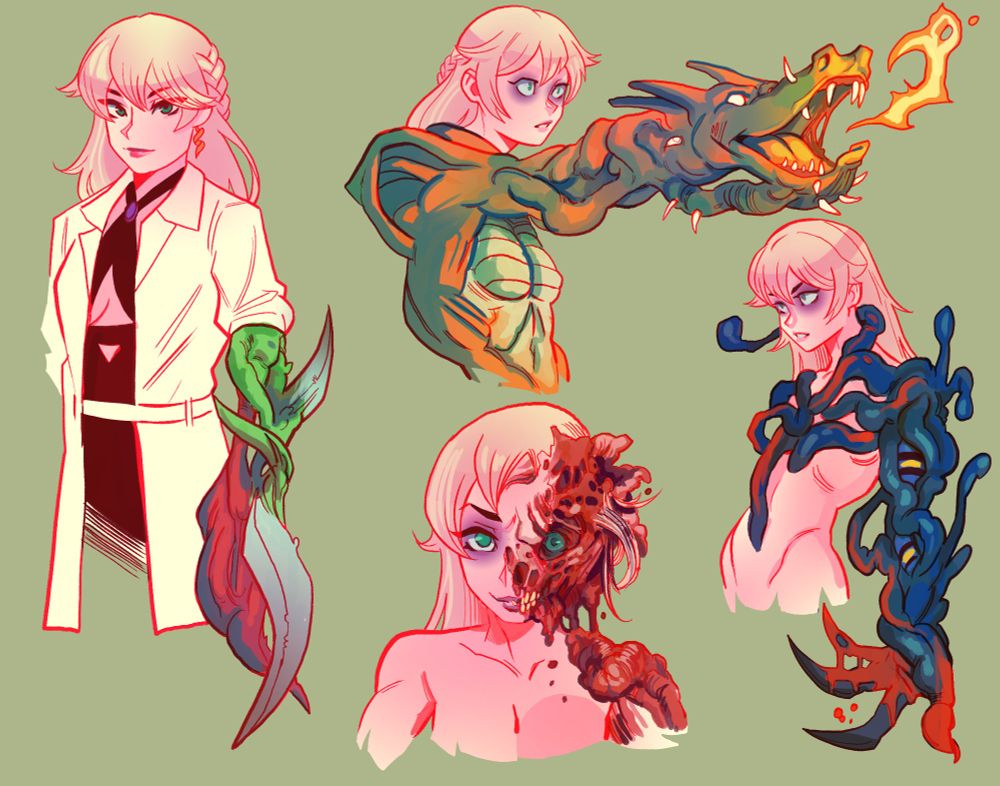 A collage of Rosemary, exhibiting certain varieties of her self mutation/DNA splicing abilities, as well as regeneration; powers she attained through a combination of her own latent properties as an esper, as well as a chance encounter with Deoxys.