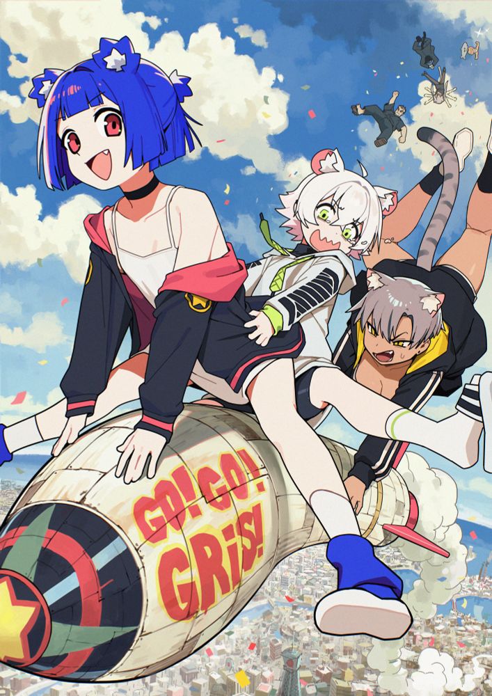 My characters Gris, Perl and Kara flying through the sky on a rocket while other characters are falling off in the background
