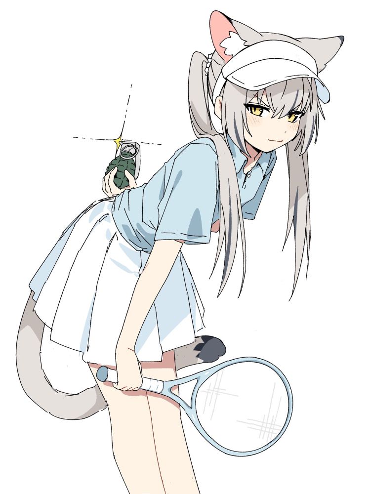 Cat girl Viska in tennis attire, holding a tennis bat and a grenade in her back hand