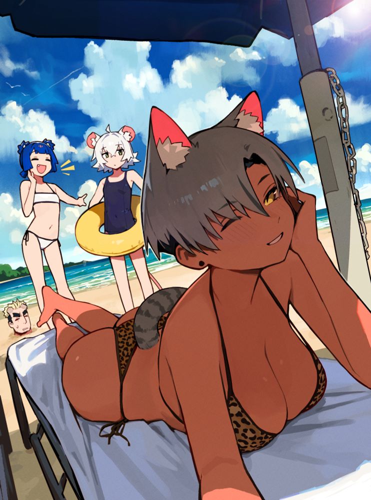 An illustration of the cast of my manga Go! Go! Gris! spending a day at the beach.