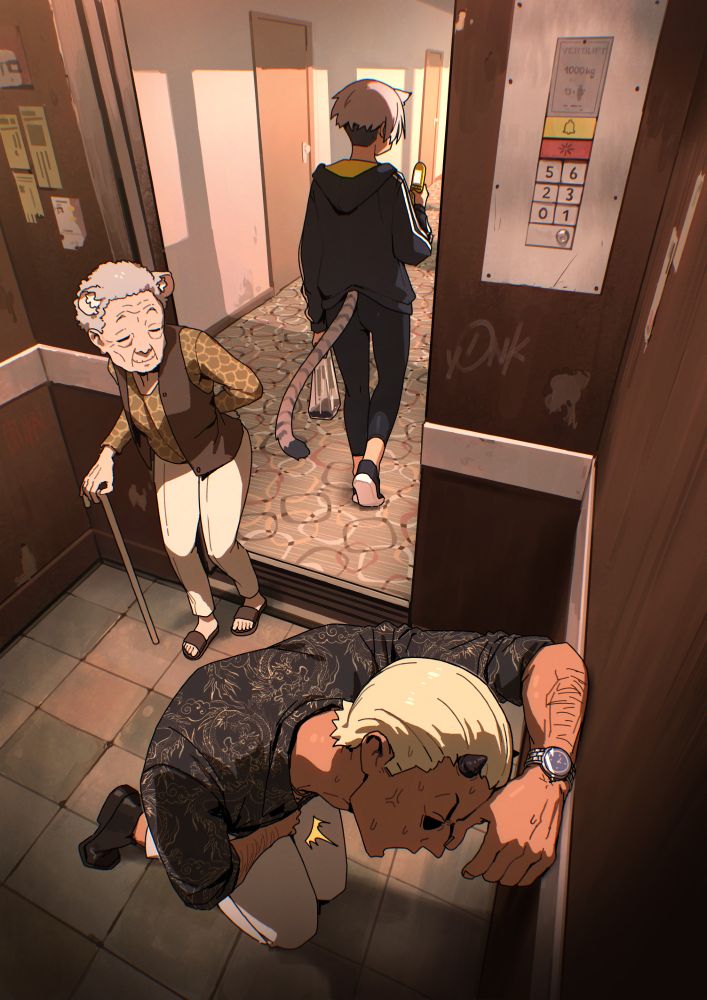 Same camera angle as before, but now Kara is seeing walking out, still minding her own business, as an elderly woman is entering. She looks at the Yakuza who is shriveled up on his knees, holding his balls in pain.