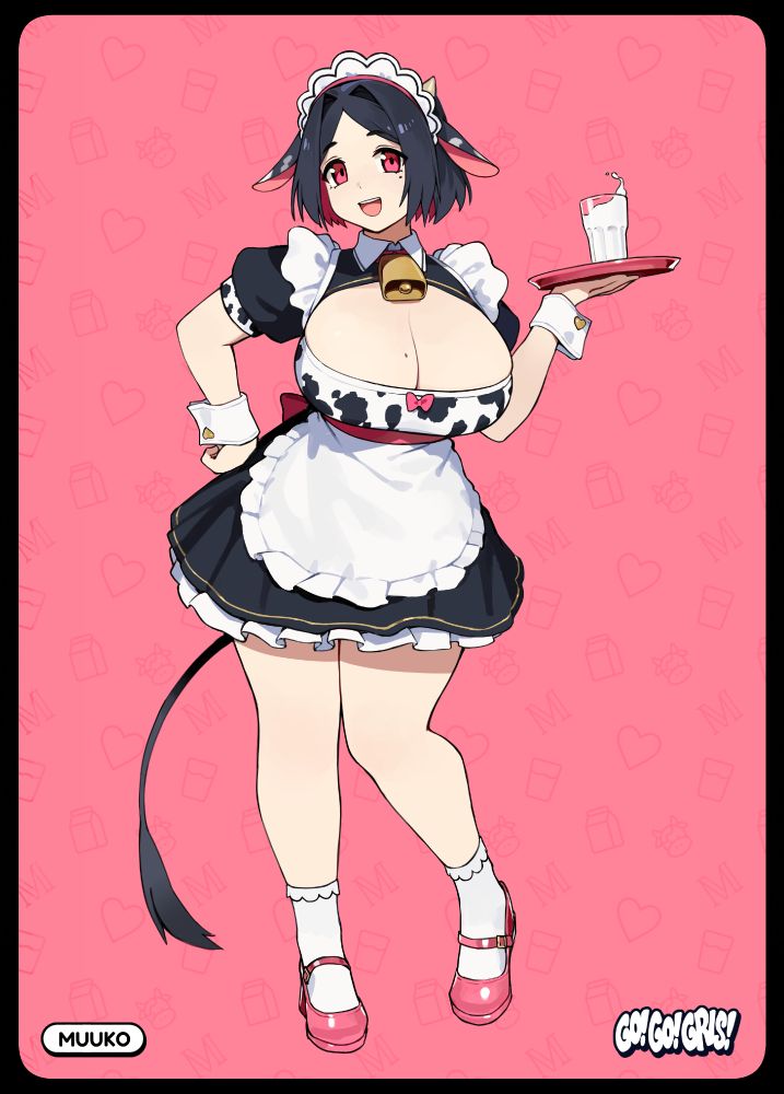 A character sheet illustration of Muuko, a character from my Go! Go! Gris! universe. She's a voluptuous cow girl that works for MaidMilk, a fictional milk conglomerate. Chin long hair, parted in the middle with pink hair inside. She has moles on her left cheek and right boob. She wears a short maid dress.