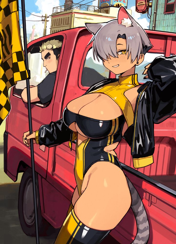 Kara, a tanned cat girl with short silver hair wears a racing queen outfit and holds a racing flag in front of a red kei truck. 