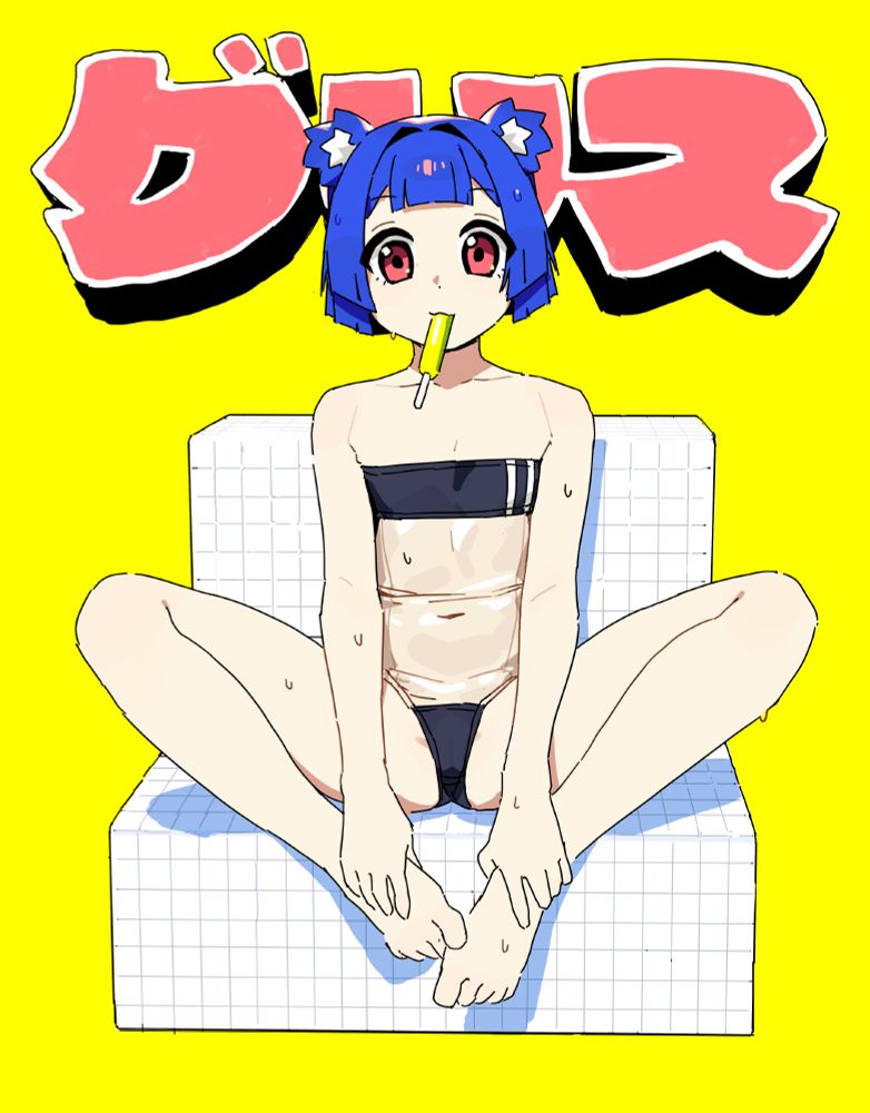 A sketch of Gris, the protagonist of my manga Go! Go! Gris! sitting on a tiled bench, wearing the Gris Swimsuit. It's a one piece swimsuit with a transparent midriff so that it actually appears as a two piece swimsuit. She has vibrant blue hair and spiky bear ears, rose colored eyes and a yellow popsicle in her mouth. Behind her head her name is written in katakana.