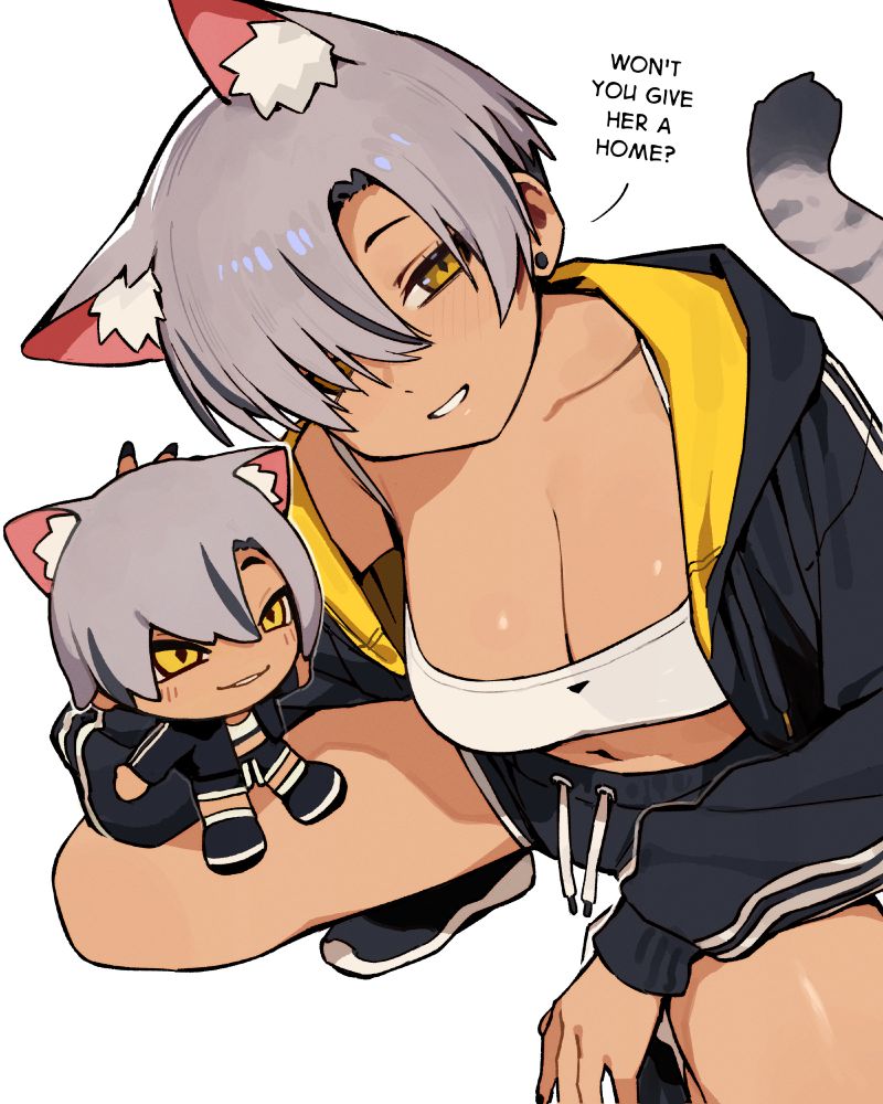 My cat girl Kara holding her plushie self, saying "Won't you give her a home?"
