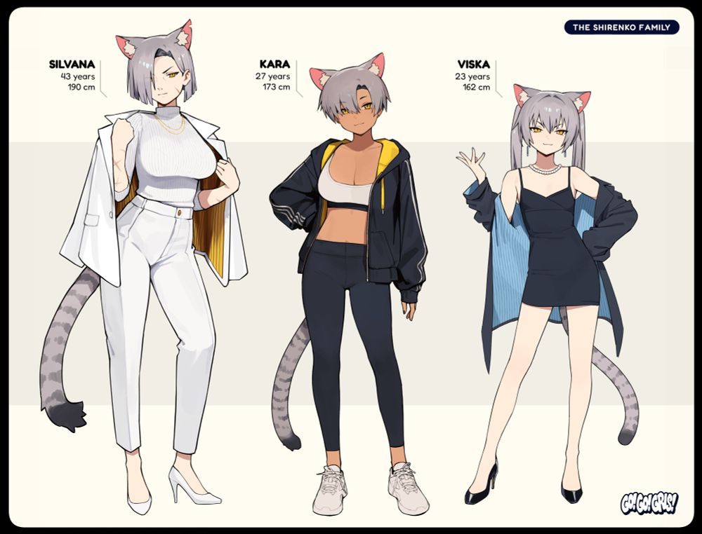 A character sheet showing 3 members of the Shirenko family, from my manga Go! Go! Gris! They are all gray haired cat girls. On the left, Silvana, 43 years old, 190cm tall, the matriarch of the Shirenko family. She wears all white, tailored attire, a blazer, a white turtle-neck top, dresspants and white pumps. 
In the right, Viska, 23 years old, 162 cm tall. With her twintails and posture she gives of a spoiled princess-like appearance. She wears a tight black dress, and a big black suit jacket with blue pinstripe linen, black pumps and wears white pearls around her neck.
In the middle is Kara, 27 years old, 173 cm tall. She is visibly different in appearance, as she has long cut ties to her family and lives a different life within a different social status. She has a sun-tanned body, sporty clothing (stripped sports jacket, sports bra and black leggings and white sneakers). 