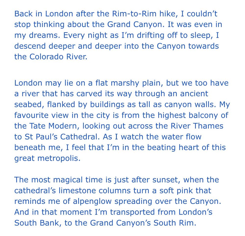 Text about the view from Tate Modern reminding me of the Grand Canyon 