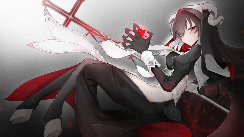 A banner style image of the British Goat "Cult Leader" Vtuber, St0rm_Cl0ud_69, aka Cloud. They have light skin, black to white hair, white curled goat horns, red eyes with black square goats pupils, goat hooves for feet with black fur going up to their thighs, a short black goats tail, and black demonic hands with red claws. 

They are wearing a priestesses black and white garb with a red inside, as well as the head-dress. It is modified to be a bit more revealing on the sides, stomach and back. The crosses adorning it are red and upside down. 

They are posed to show their left side and back, looking over their shoulder, holding an upside down red cross spear on their right hand and summoning red magic in their left.