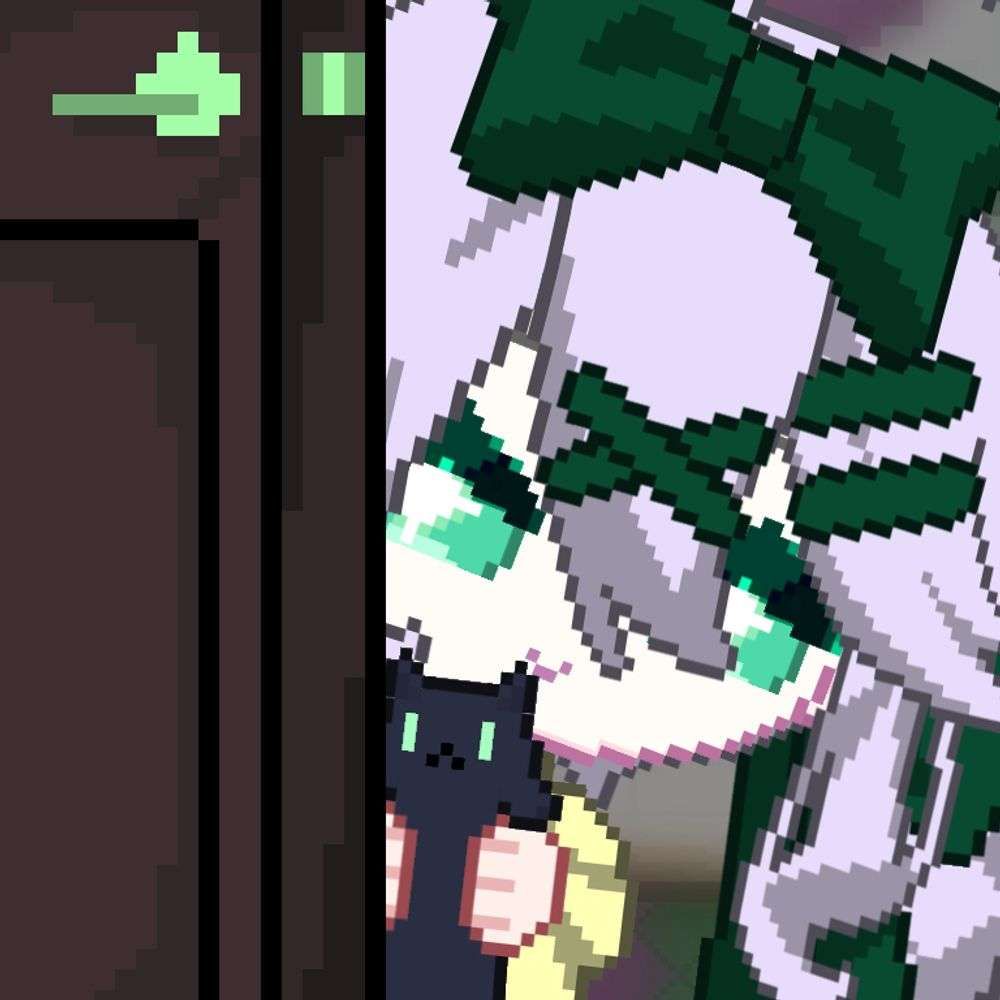 A image of the gremlin doll VTuber, TheSolomanShow, aka Solo, peeking around a door with a gremlin expression while holding up a black cat with green eyes. He has light skin, purple hair that is done up in green bows and brettes, and green eyes. 

He is wearing a cream yellow apron and a brown dress with smiliarly colored sleeve and skirt ruffles.