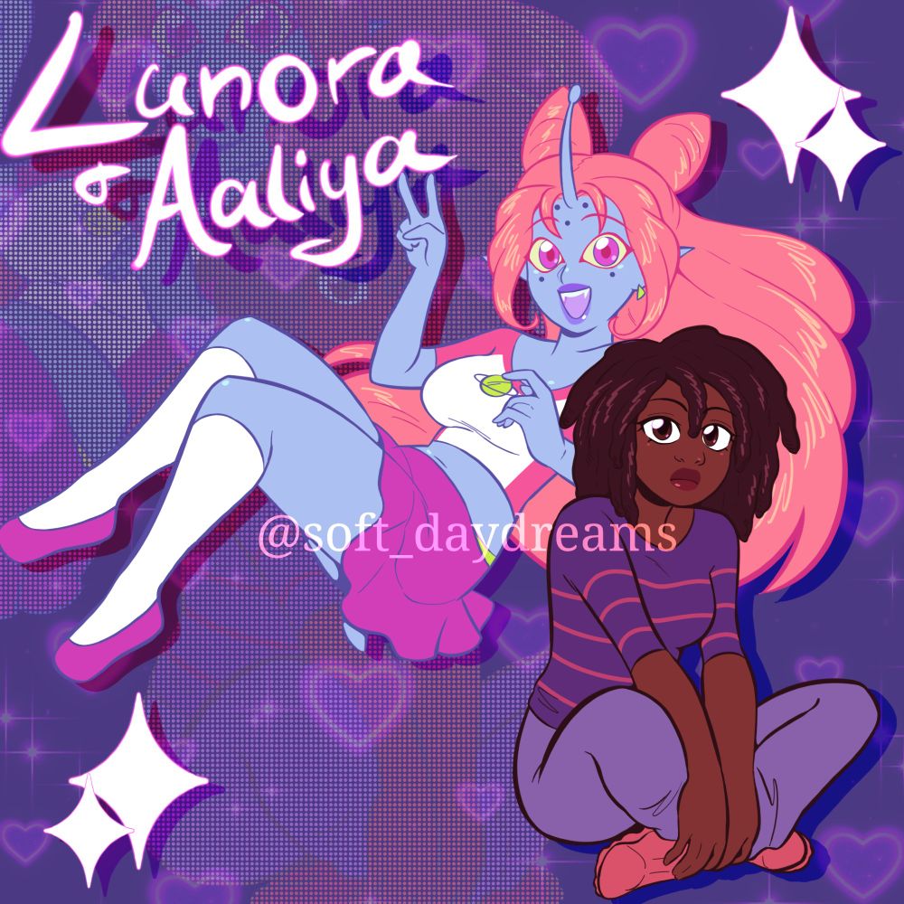 There's a black girl (Aaliya) with locs and a purple shirt with red stripes. She's sitting crisscross. Behind her is an alien girl (Lunora) floating in the air and smiling. She had blue skin and pink hair with an antenna on her head.