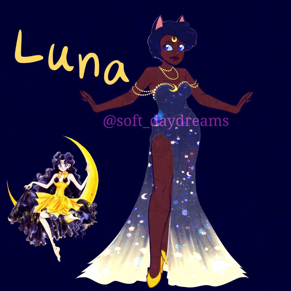 Luna from Sailor Moon. She has dark skin and blue eyes, and short black hair with cat ears on the top of her head. She has a yellow crescent moon on her forehead. She's wearing a sparkling grey dress that's bright yellow at the bottom and yellow heels.