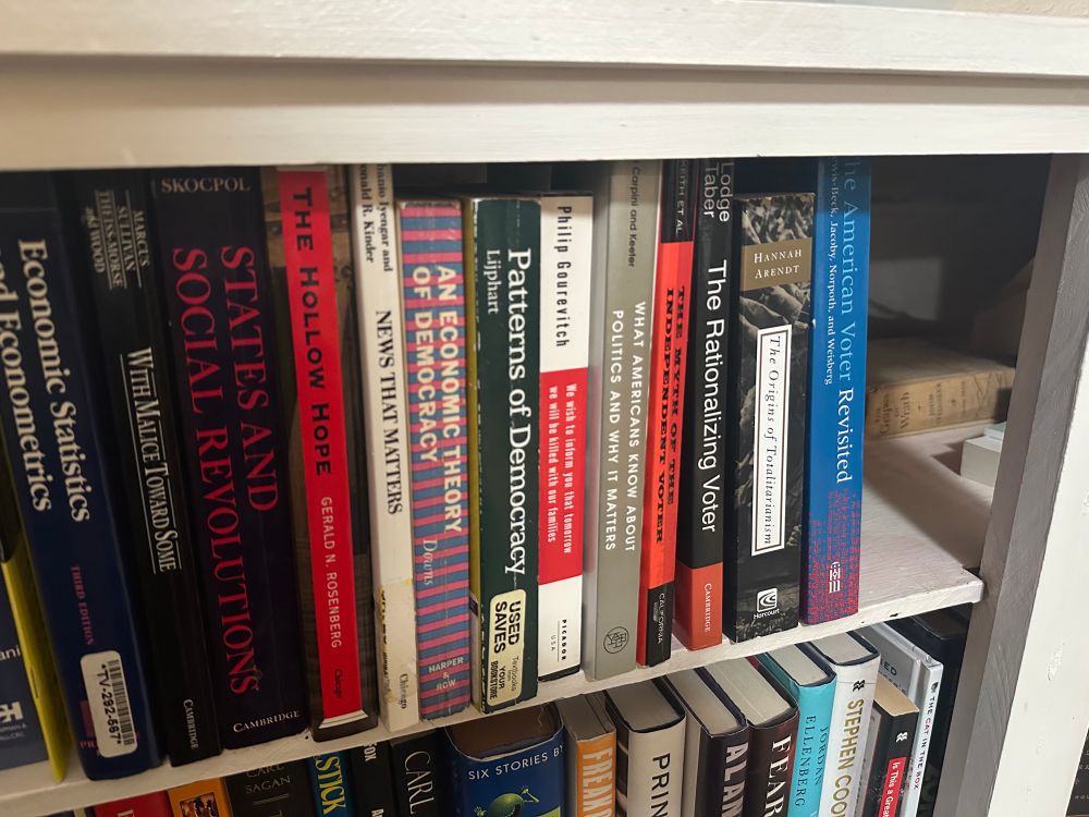 A bookshelf showing copies of States and Social Revolutions, the Hollow Hope, News That Matters, An Economic Theory of Democracy, Patterns of Democracy, and several other political science works. 