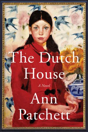 Cover of The Dutch House, by Ann Patchett. Painting of a girl in a red coat. Behind her is a blue vase with orange flowers and and behind that is wallpaper with blue birds and pink roses.