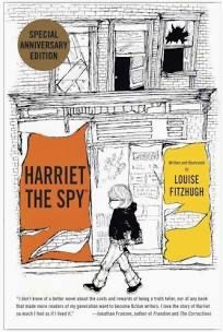 Anniversary book cover of Harriet The Spy, Harriet walking down a block with a marble composition notebook.