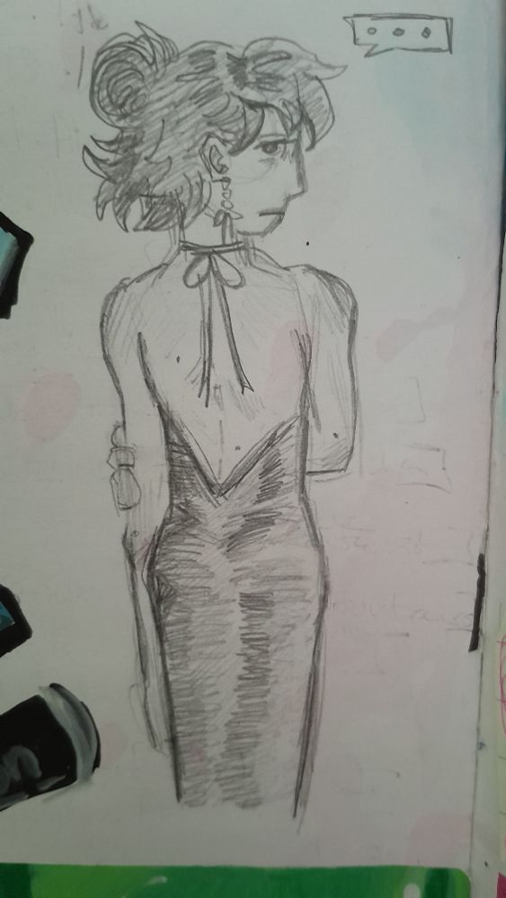 a full body pencil drawing of a woman. Her body is facing away from the viewer, and her face is turned like she's looking at us from behind, she has an unsure look on her face. Her right hand is griping her left arm. Her hair is in a half up half down style and she's wearing a tight black dress with an open back and a bow.