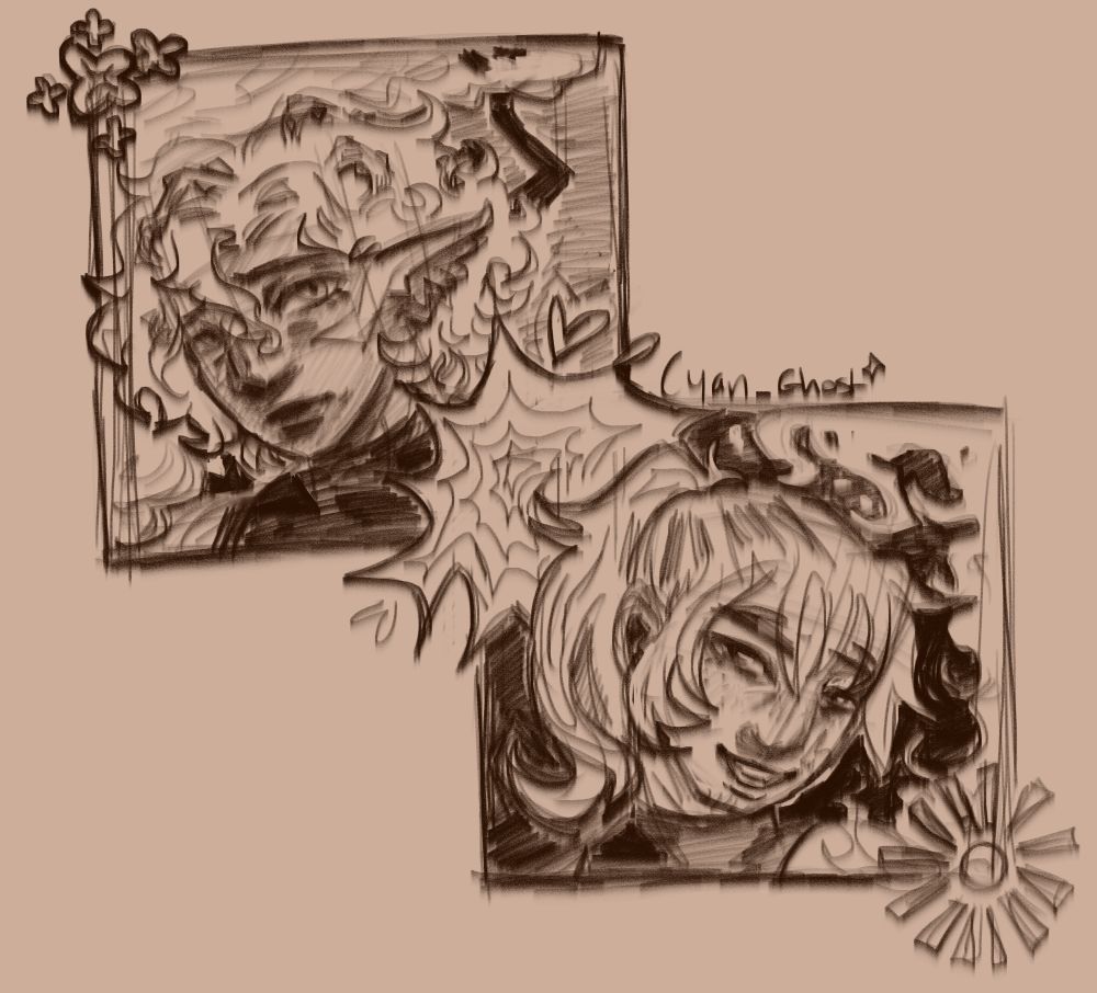 A digital sketch of two of my characters Willow and Blaze. Both of them are in squares diagonal to the other. Willow on the top left has a concerned expression on his face and is surrounded by plants. While Blaze has a happy expression of his face and is surrounded by flames.