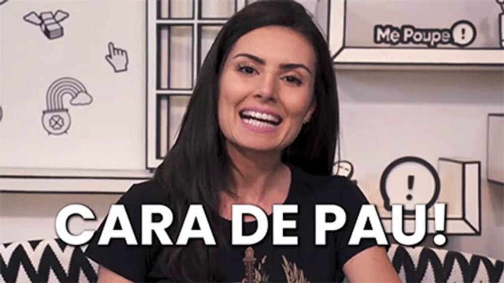 a woman is smiling in front of a wall that says cara de pau !