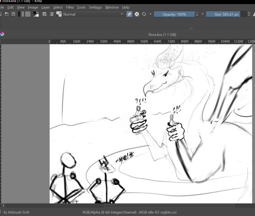 A very barebones rough sketch of a dragon holding a person in each hand and two other people watching. 