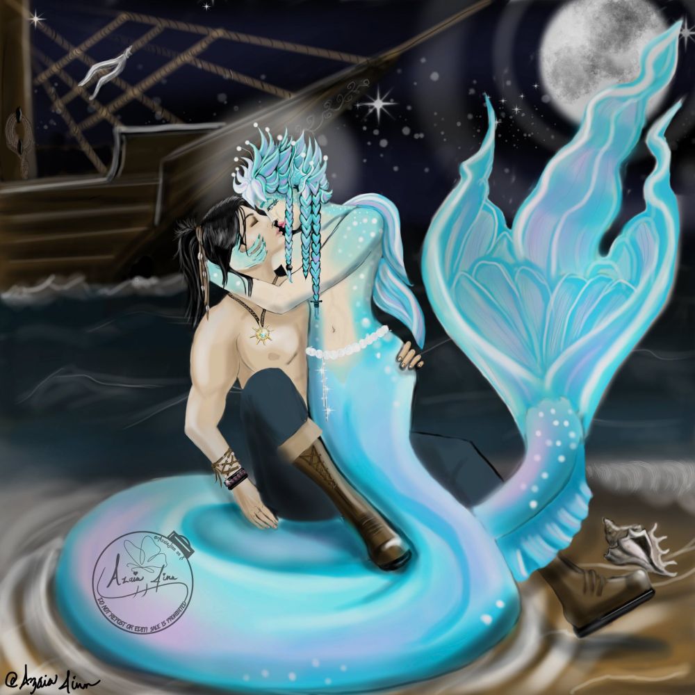 A blue merman jimin is coiled like a sea-serpent on the shore near a moonlit ocean. A pirate JK is sitting on his tail. the merman is holding the pirate lovingly. There are illuminated pearls attached to the merman's ears and hair. There is a starry sky and pirate ship on the ocean behind them.