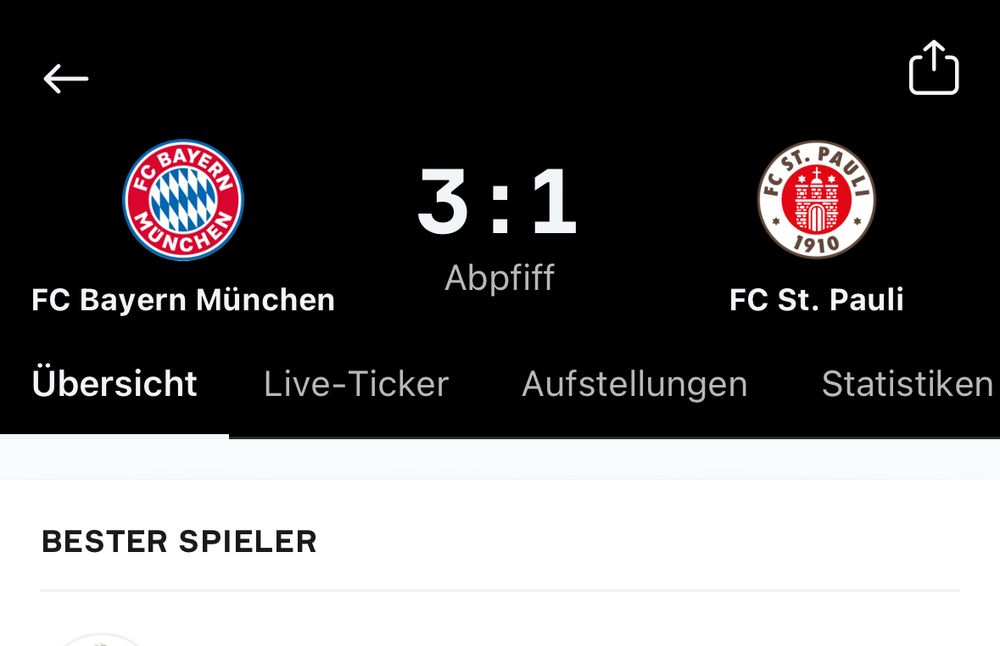 Ausschnitt Fußball-App: Bayern vs St.Pauli 3:1 Abpfiff