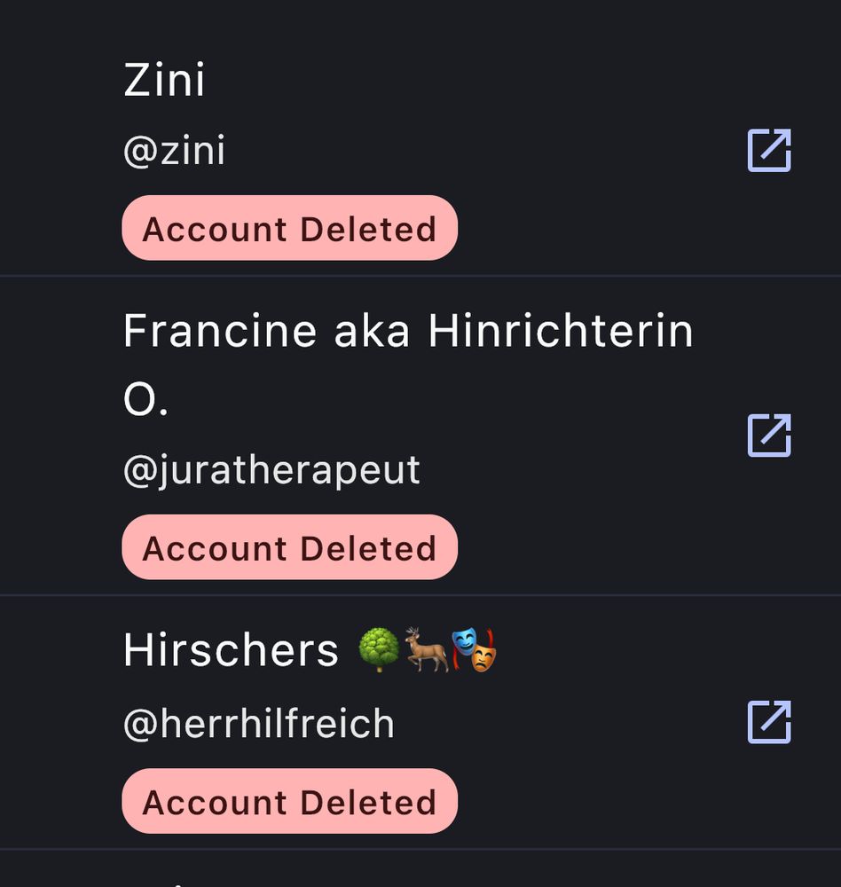 Ausschnitt aus einer App mit den Angaben, dass Zini, Francine und Hirschers ihre Accounts gelöscht haben 