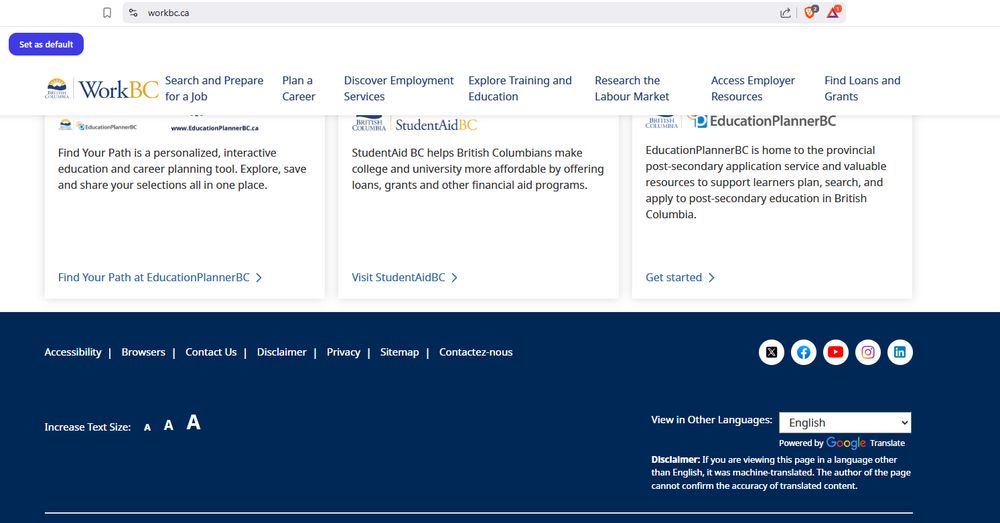 Work BC screenshot -- screenshot of Work BC homepage.  Bottom of homepage depicts five social media icons:
  'X,' Facebook, YouTube, Instagram and LinkedIn

(Hence, 'X' icon appears first.  No Bluesky icon is featured at all.)
