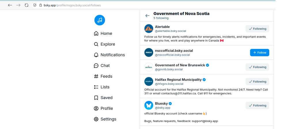 5 accounts followed by the Government of Nova Scotia, with the list including the Government of New Brunswick.