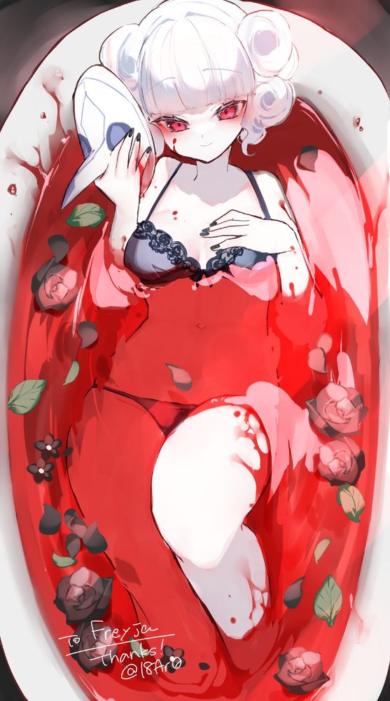 Artwork of an anime girl in an oval bathtub. She has curly white pigtails and pinkish red eyes. She is wearing black lacey lingerie and holding a plague doctor mask. The bathtub is filled with blood and black roses. 