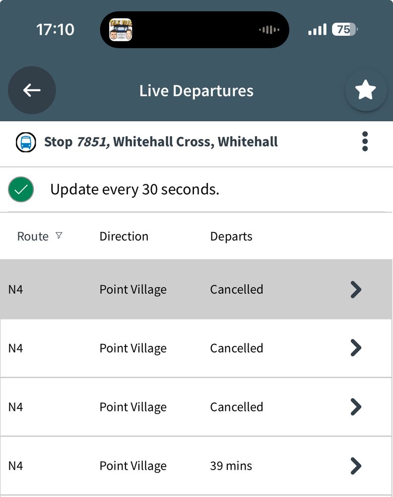 A real time bus information website, showing three cancelled buses in a row. 