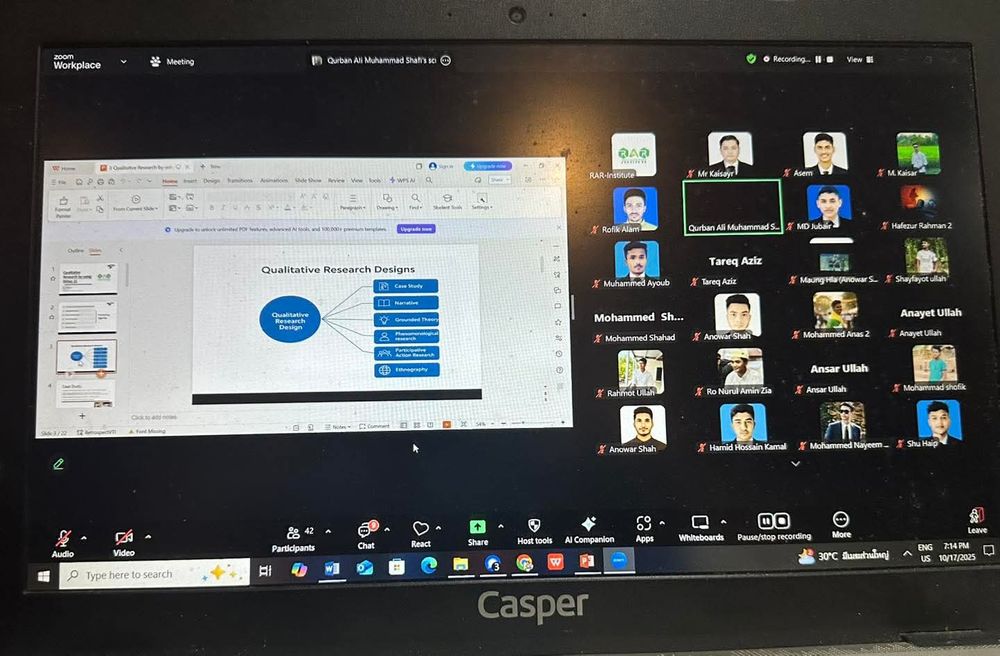 Session Highlights – RAR Institute Research Diploma Program

Today, the RAR Institute hosted an insightful lecture by Mr. Qurban Ali, Lecturer at the University of Sahiwal, Pakistan. His session covered key concepts of Qualitative Research, focusing on:

🔹 Introduction and fundamentals of qualitative research
🔹 Data collection methods and sources
🔹 Steps of thematic analysis and NVivo demonstration
🔹 Hands-on practice in qualitative data interpretation
🔹 Research design and narrative research approaches
🔹 Grounded theory, phenomenological research, participatory action research, and ethnography

The lecture was highly interactive, allowing learners to explore real-world applications and strengthen their understanding of qualitative methodology. This session enriched participants’ ability to design and conduct systematic, ethical, and meaningful qualitative studies. 

#RARInstitute #QualitativeResearch #ResearchDiploma #AcademicExcellence #NVivo #ResearchTraining