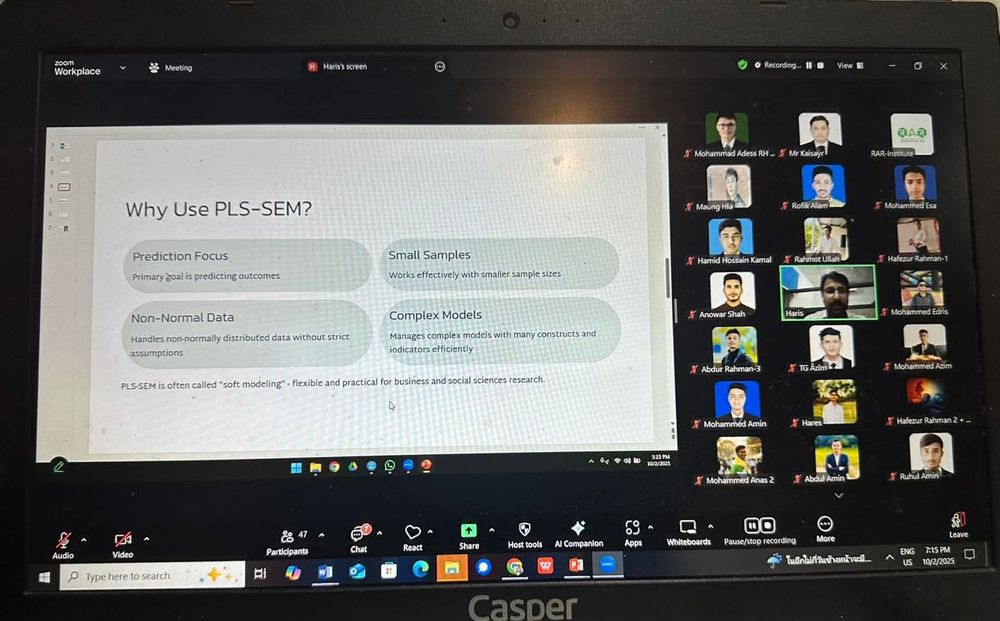 Weekly Session Update- Mastering Structural Equation Modeling with SmartPLS 4 

As part of the RAR Institute Research Diploma Program, our lecturer Muhammad Haris ul Mahasbi from COMSATS University Islamabad successfully conducted this week’s session on SmartPLS 4.

Students learned:
✅ SEM fundamentals and SmartPLS 4 interface
✅ Data import, preparation, and model building
✅ PLS-SEM analysis, measurement model assessment, and hypothesis testing. 
✅ Bootstrapping, structural model evaluation, and reporting results. 

The session was interactive and highly engaging, helping students gain practical skills for their research projects.

Slides shared now and recorded video will be shared soon for students to revisit the session at their convenience. 

#RARInstitute #DiplomaProgram #SmartPLS4 #SEMSession #ResearchSkills #LearningInAction