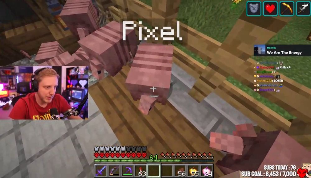 Screenshot taken from Philza’s stream, in his Minecraft base. Philza is naming the 8 armadillos, the one in the center of the screen is named Pixel.