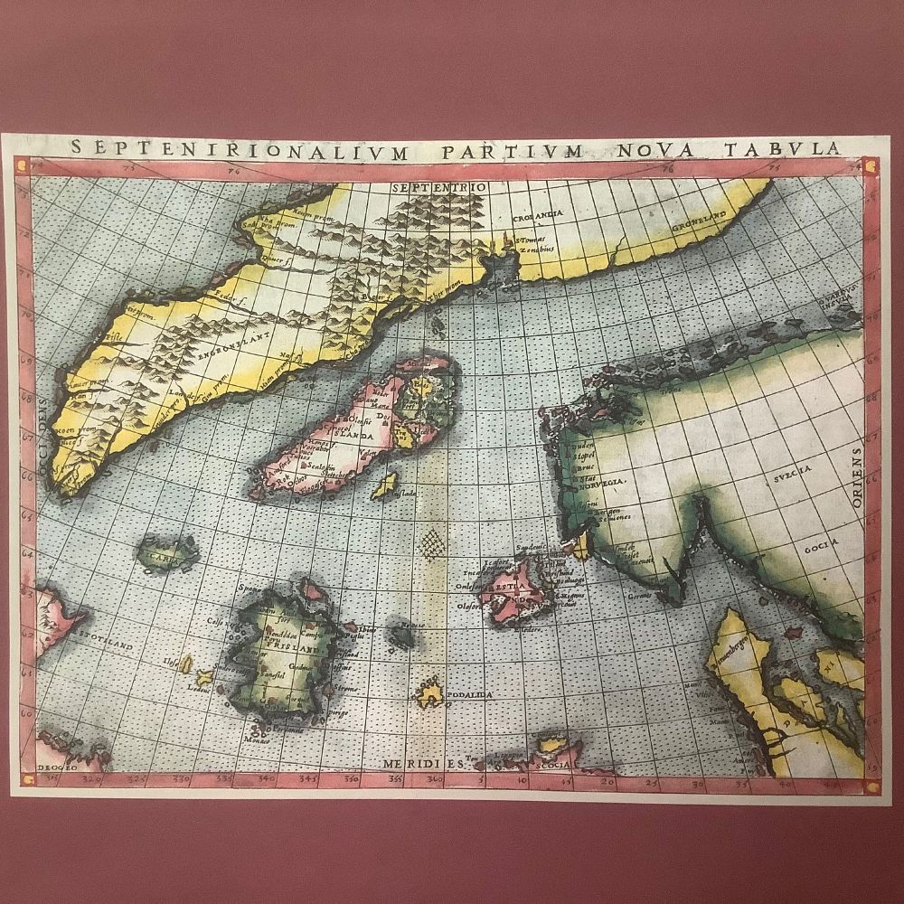 A map by Niccolo Zeno showing the North Atlantic. It includes several islands that don’t exist, including Estotiland, Icaria, Friesland and Podalida.