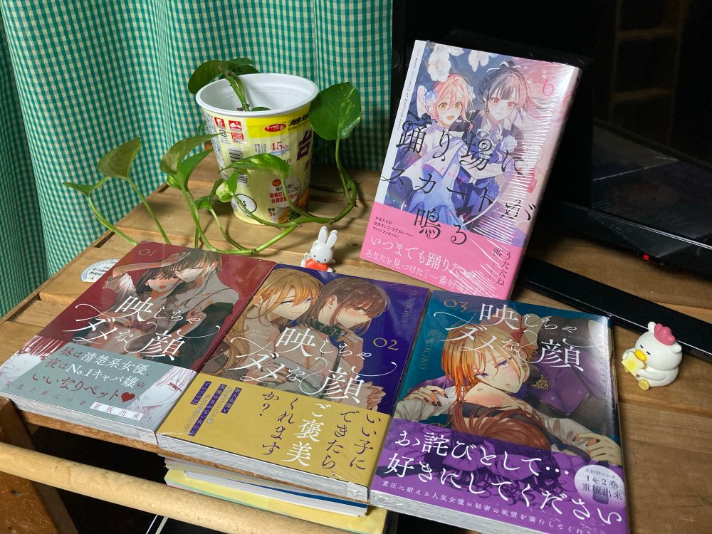 テレビ台として使っている木製の棚の上に漫画を4冊置いて撮影したもの。