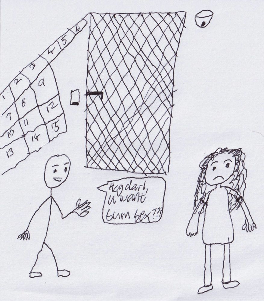 A hand-drawn black-and-white cartoon shows a hallway with a numbered grid on the left wall (1 to 15), a large wire-mesh security door in the center, and a security camera above it. On the left, a stick figure man with a smile and raised hand says, “hey darl, u want sum sex??” in a speech bubble. On the right, a girl with long, messy hair and a distressed expression stands stiffly with clenched fists. The scene conveys discomfort and unwanted sexual attention in a shared apartment complex.