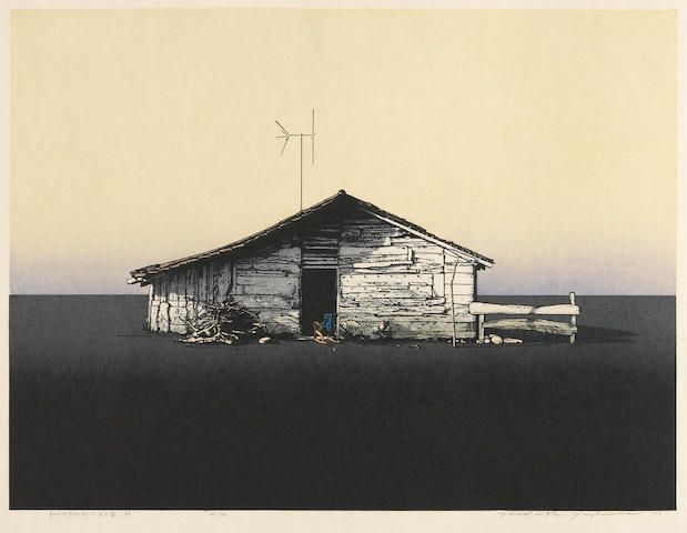 Japanese woodblock print of a weathered white house against a delicate yellow sky fading to a lavender skyline.