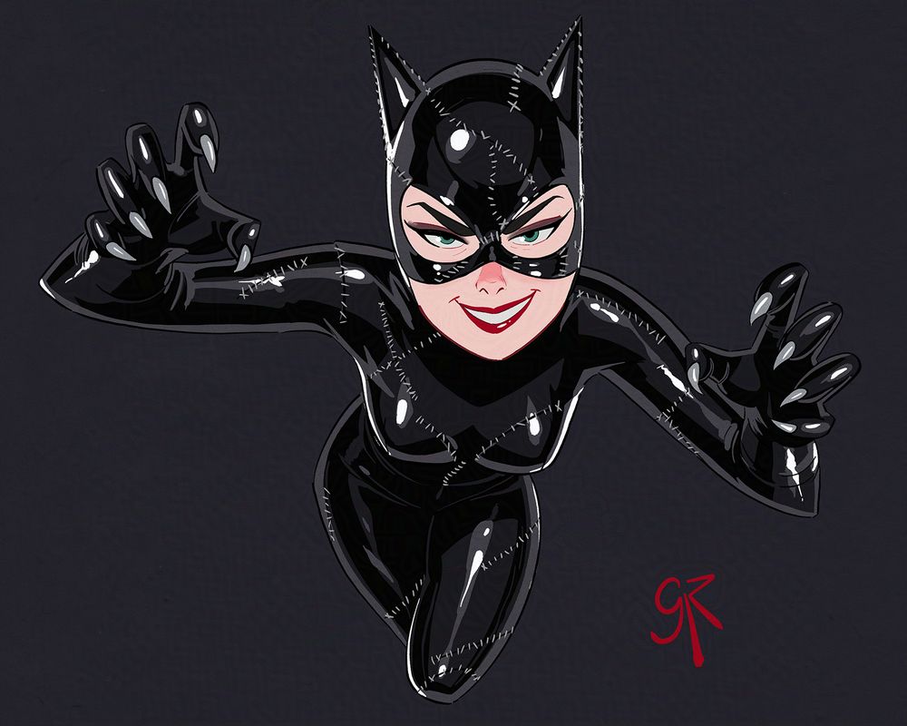 An illustration of Tim Burton's catwoman pouncing.