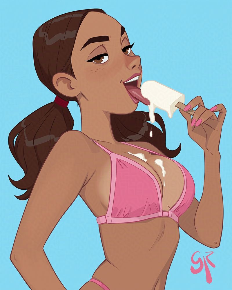 A woman with twin tails in a pink bikini eating a melting icecream.