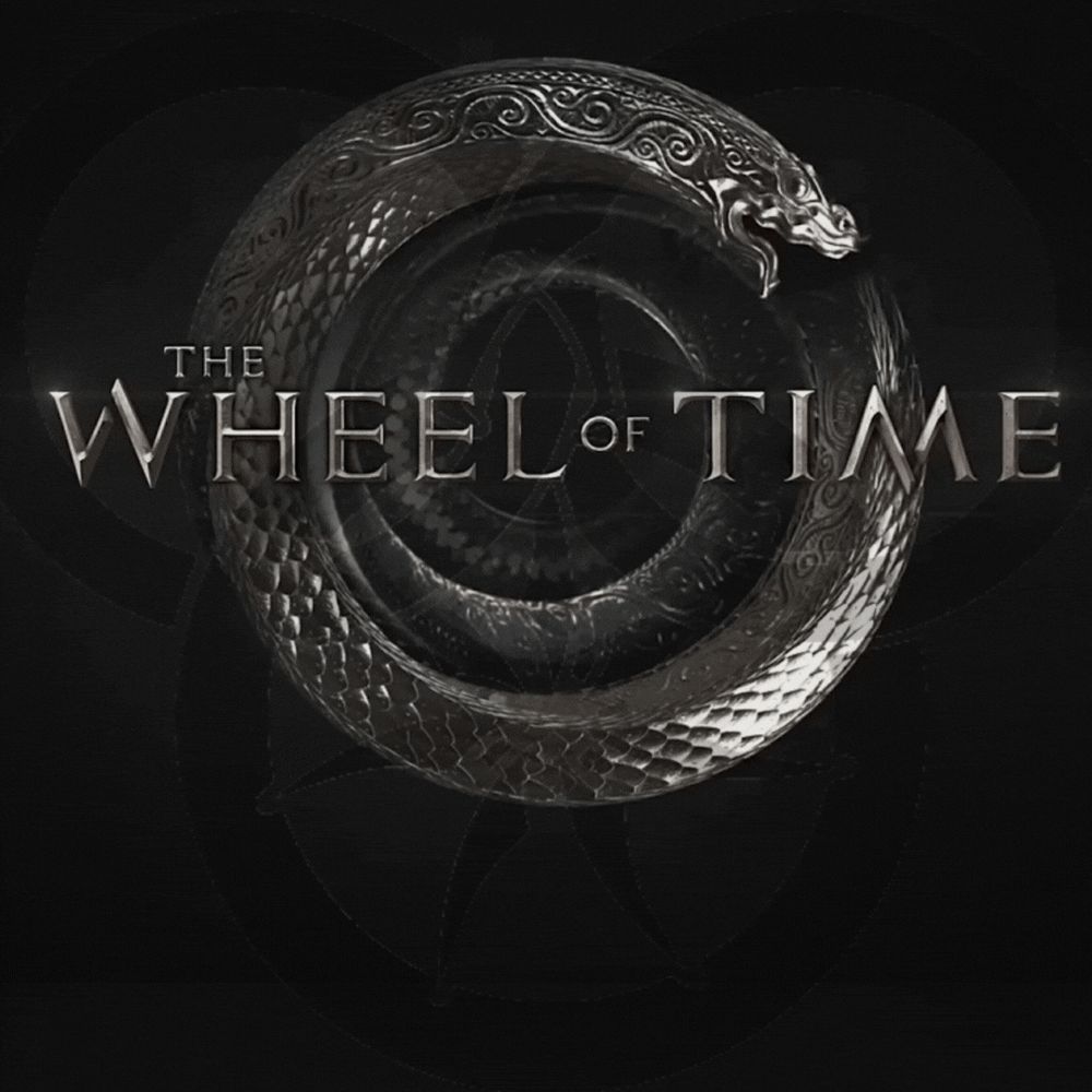 The Wheel of Time show logo, a metallic serpent eating its own tail, superimposed above the Wheel of Time book logo, a figure 8 serpent intertwined through the top of a 7 spoked wheel. The words "The Wheel of Time" are written across the front, and the hashtag #renewWoT flashes across the bottom.