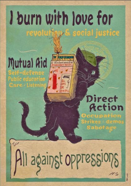 image of a black cat holding a box of matches with one lit. text around it reads "I burn with love for revolution & social justice. Mutual aid, self-defense, public education, care/listening. Direct action, occupation, strikes/demos, sabotage. All against oppression.