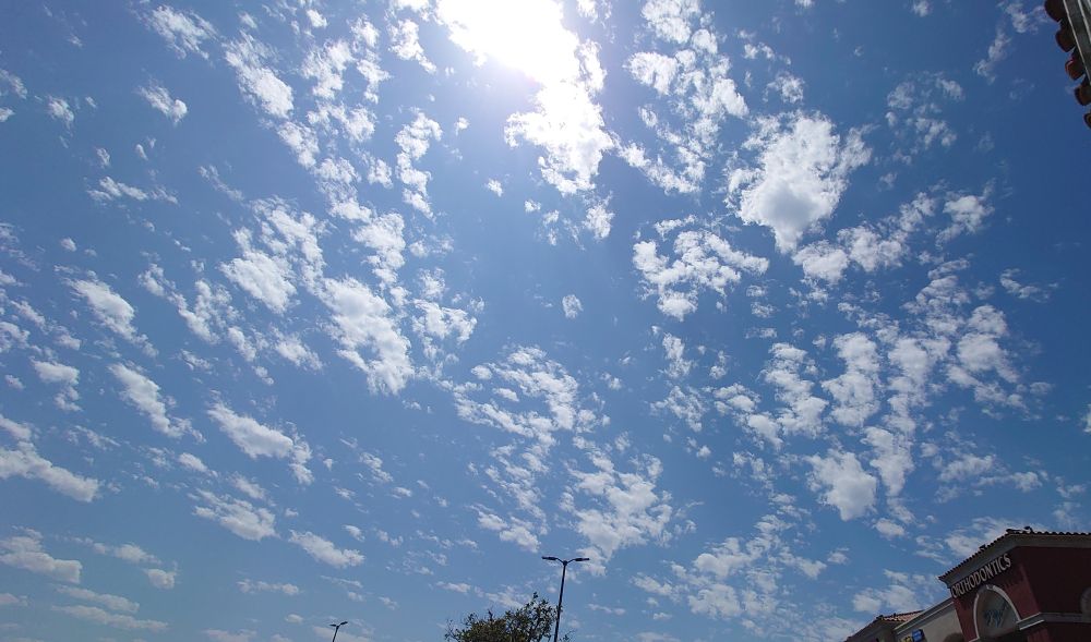 Blue sky, lots of little white clouds 