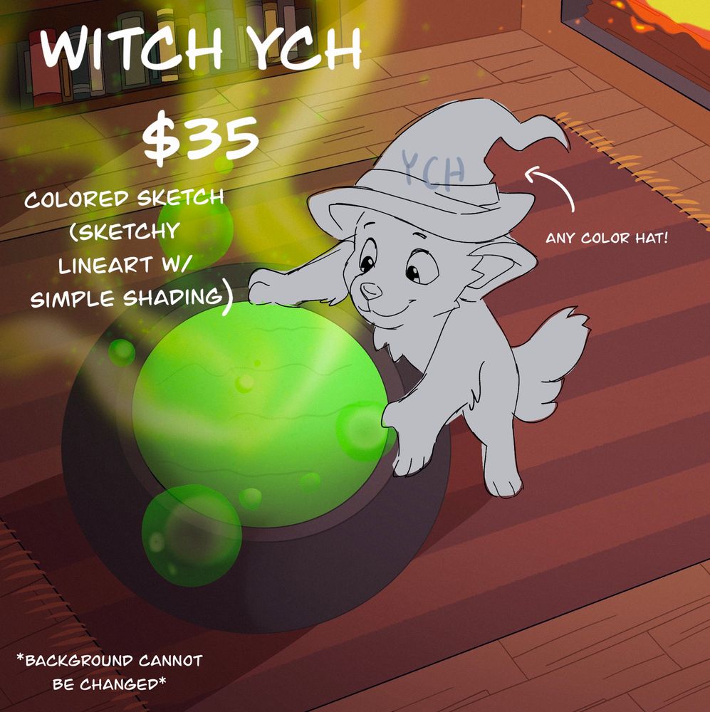 A YCH of a little character in a witch hat brewing a potion in a cozy wooded cabin
