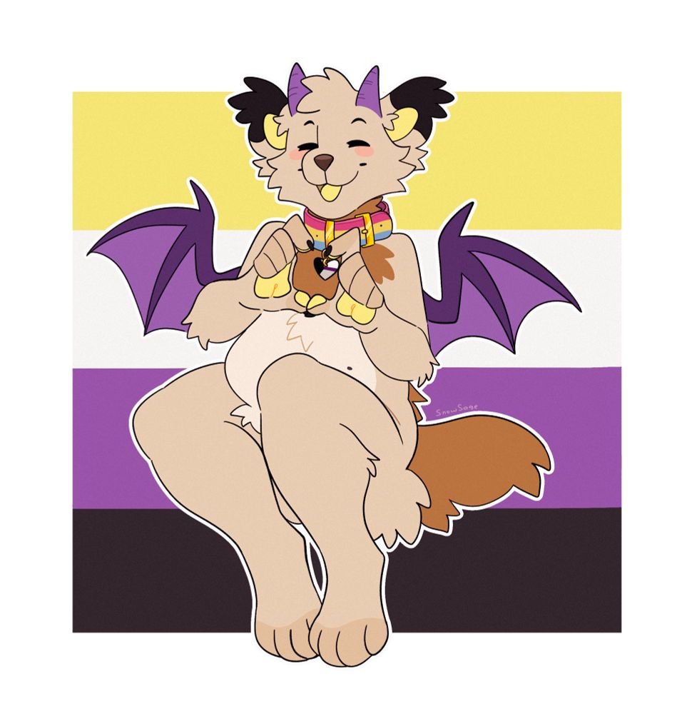 My sona Mae smiling and making hand heart at the viewer. She had a collar colored with the pan flag and demisexual flag colors, as well as the non binary flag behind her 